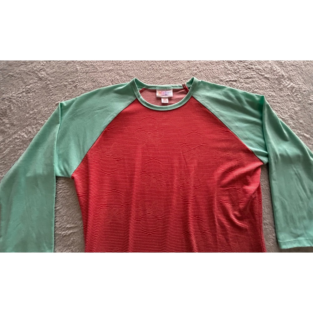 LuLaRoe Disney Randy Baseball Tee Coral Pink Mint Green Wavy Stripe XS New - Picture 4 of 9